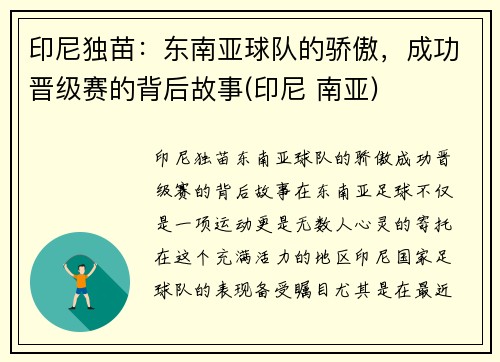 印尼独苗：东南亚球队的骄傲，成功晋级赛的背后故事(印尼 南亚)