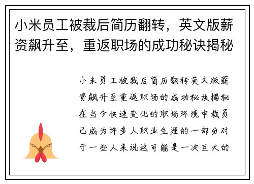 小米员工被裁后简历翻转，英文版薪资飙升至，重返职场的成功秘诀揭秘！