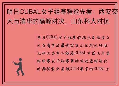 明日CUBAL女子组赛程抢先看：西安交大与清华的巅峰对决，山东科大对抗北师大