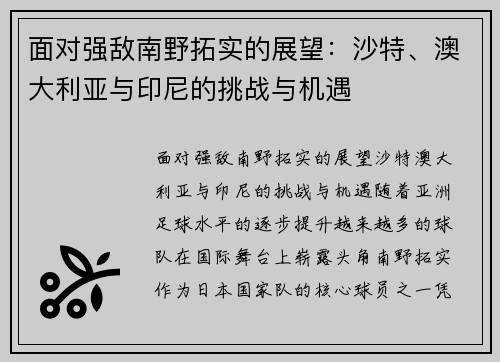 面对强敌南野拓实的展望：沙特、澳大利亚与印尼的挑战与机遇