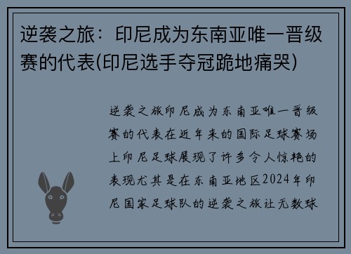 逆袭之旅：印尼成为东南亚唯一晋级赛的代表(印尼选手夺冠跪地痛哭)