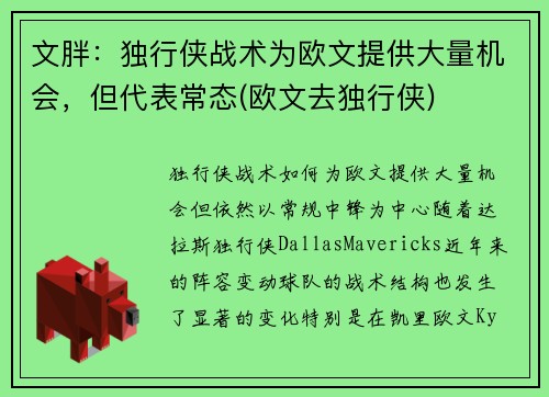文胖：独行侠战术为欧文提供大量机会，但代表常态(欧文去独行侠)