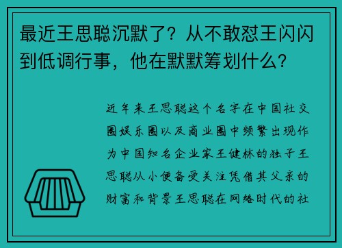 最近王思聪沉默了？从不敢怼王闪闪到低调行事，他在默默筹划什么？