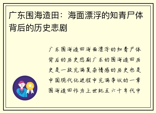 广东围海造田：海面漂浮的知青尸体背后的历史悲剧