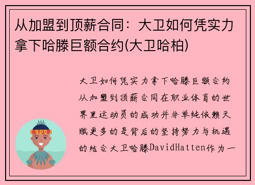从加盟到顶薪合同：大卫如何凭实力拿下哈滕巨额合约(大卫哈柏)