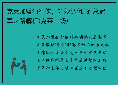 克莱加盟独行侠，巧妙调侃“的总冠军之路解析(克莱上场)