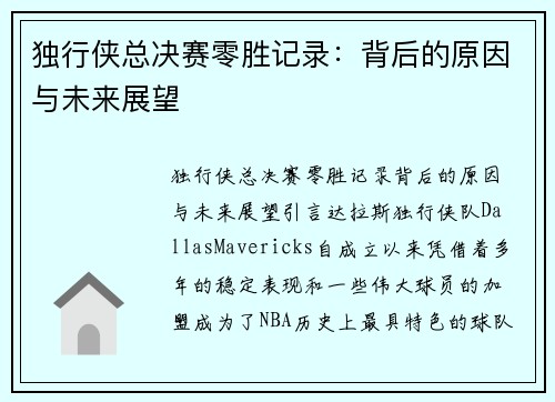 独行侠总决赛零胜记录：背后的原因与未来展望