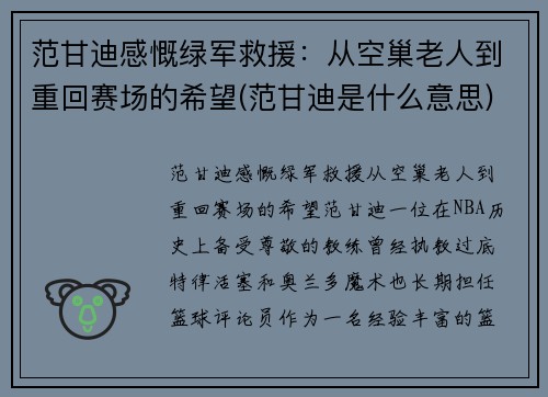 范甘迪感慨绿军救援：从空巢老人到重回赛场的希望(范甘迪是什么意思)